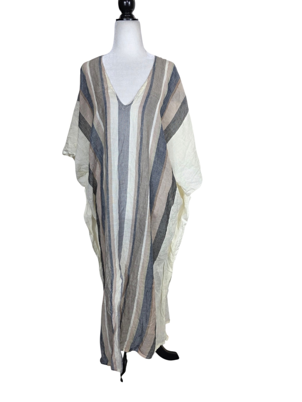 Echo Striped V-Neck Maxi Caftan in Cream, Gray and Tan